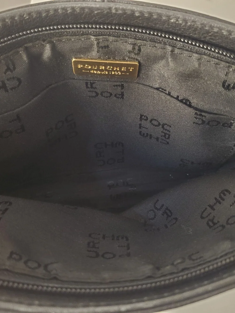 Vintage Pourchet Paris Black Leather Crossbody Bag Gold Crest Made In France